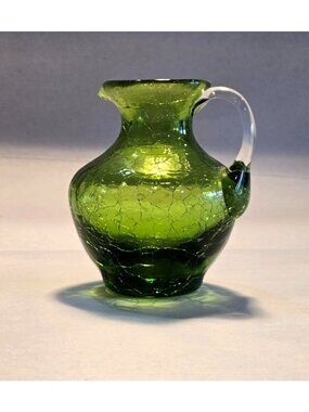 Vtg MCM Green Crackle Glass Pitcher 3.25" Clear Handle Window Glass Hand Blown